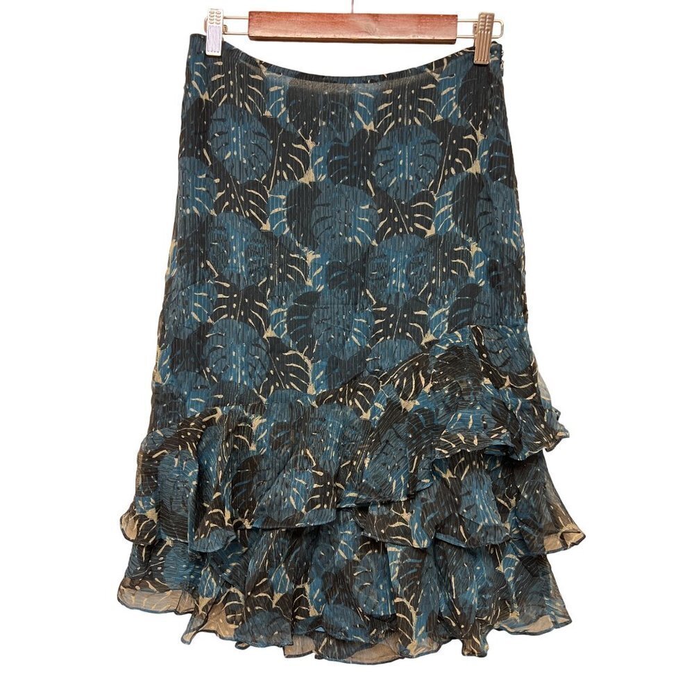 NEW! Alfani 100% Pure Silk Blue Ruffle Tiered Skirt Tropical Palm Leaf Women's 4